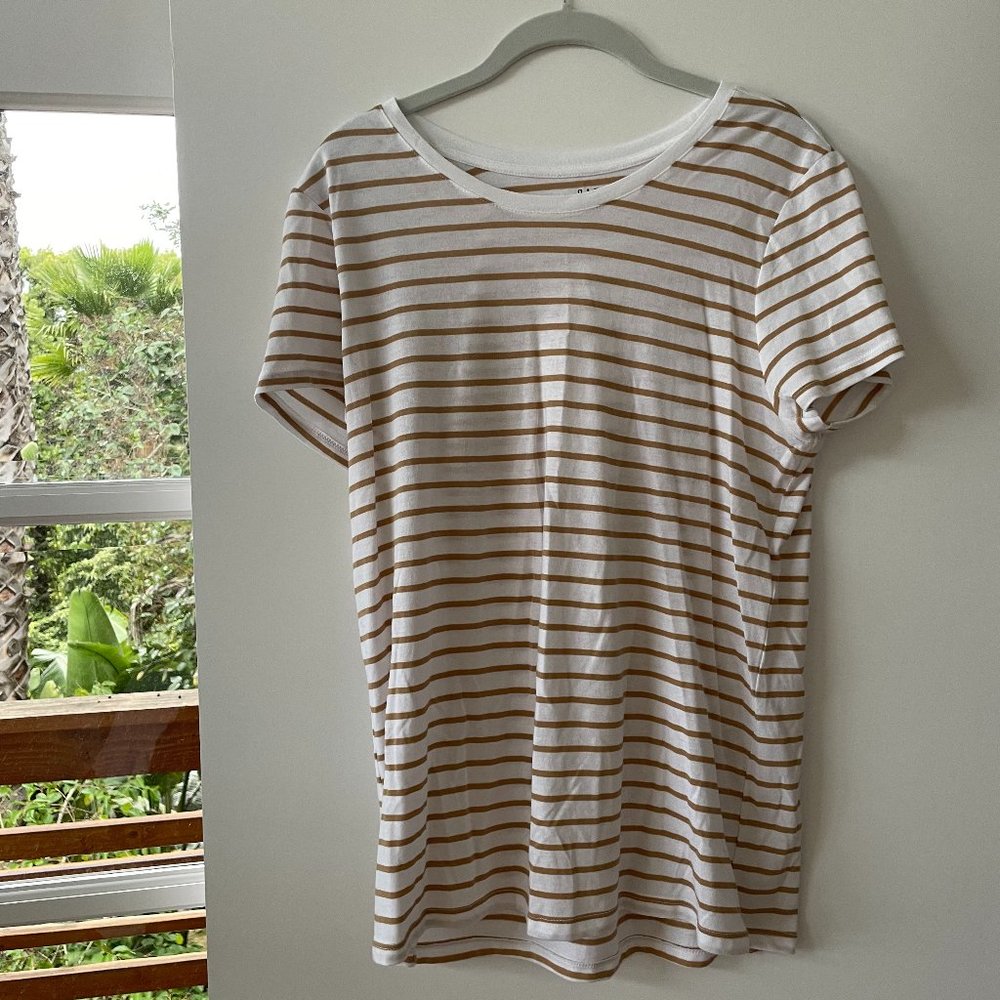 Gap Perfect T Crew Neck, Short-Sleeve T-Shirt in Tan Stripe, Size L